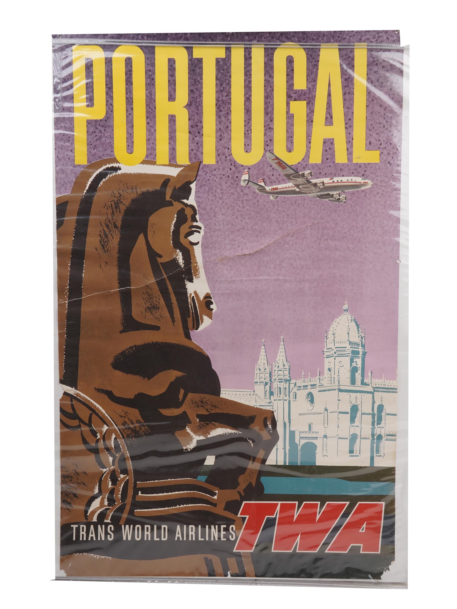 ORIGINAL VINTAGE PORTUGUESE TWA TRAVEL AD POSTER PIC-0